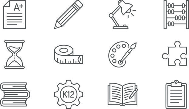 K12 Education and School Supplies Icon Set with Books Pencil Palette Abacus Lamp and Student Learning Material Graphics