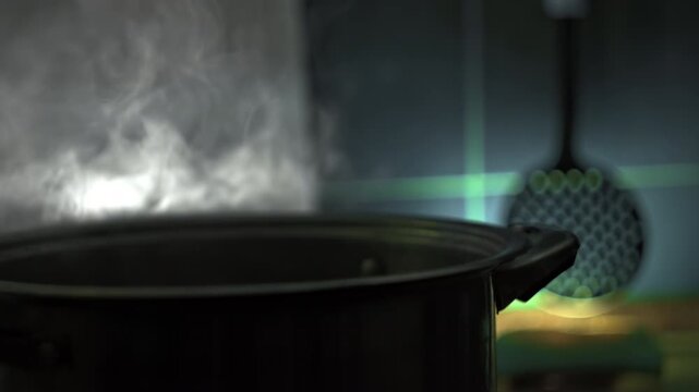 Hand removes lid from pot with boiling liquid on stove and steam comes out of it