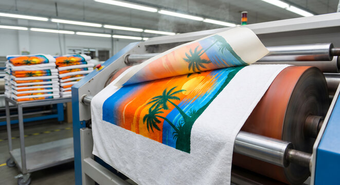 Colorful tropical beach towel printing on industrial roller machine in textile factory