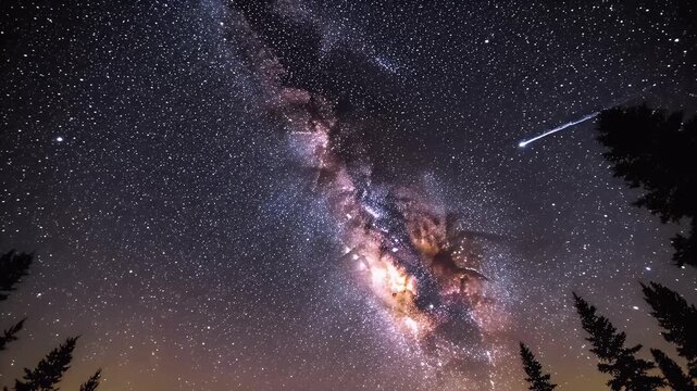 Starry Night Sky Glowing Over Dark Mountain Forest Landscape