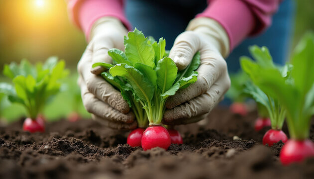 Hands in gloves gently pull vibrant radishes from rich soil. Lush green leaves sprout from bright red roots. Sunlight warms garden bed, promoting healthy plant growth outdoors.