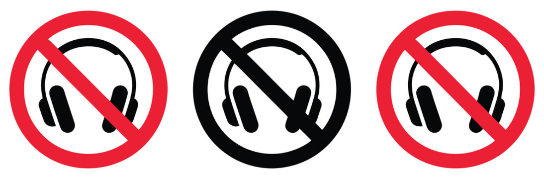 No headphones allowed symbol set showing crossed headphone icons in red prohibition circles for audio restriction, warning signs, and safety control design.
