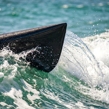 Carbon fiber trimaran hull cutting through ocean waves with white water spray