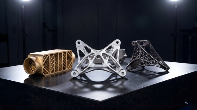 Metal 3D printed components with lattice and topology optimized structures on dark surface
