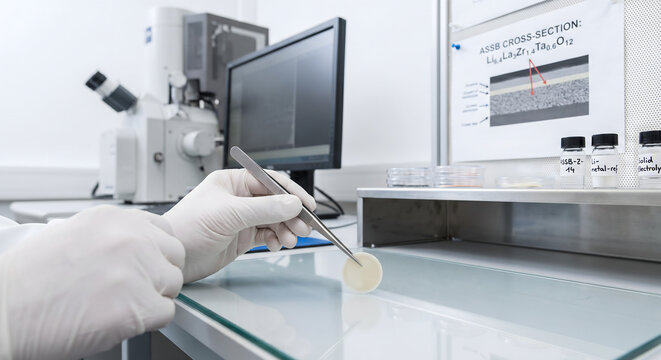 Researcher handling solid-state battery electrolyte disc with tweezers in laboratory