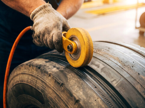 Mechanic stitching tire with pneumatic roller tool in auto repair shop