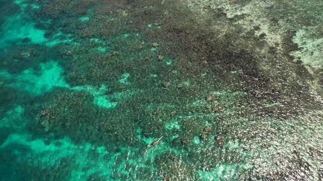 Aerial view of a traditional outrigger canoe with people over a vibrant coral reef in the turquoise waters of Mushu Island, Wewak District, East Sepik Province, Papua New Guinea.