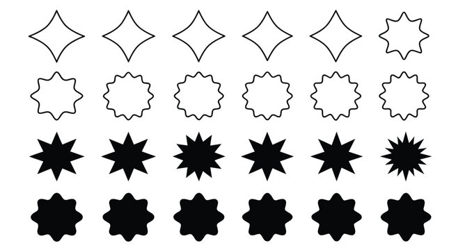 Star shapes are presented in various jagged and rounded outlines as a collection of monochromatic graphic design elements for decoration.