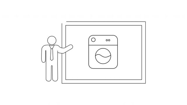 Man presenting washing machine icon on a screen.