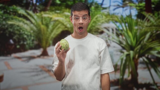 Man holds custard apple in right hand with mouth open in surprise, wearing glasses and white t shirt amid tropical plants and tiled path inside building; surprise curiosity discovery.