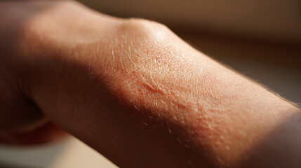 Fototapeta premium Close-up of human skin with rash and irritation, showing texture and detail under natural light, focus on skin health and common dermatological conditions