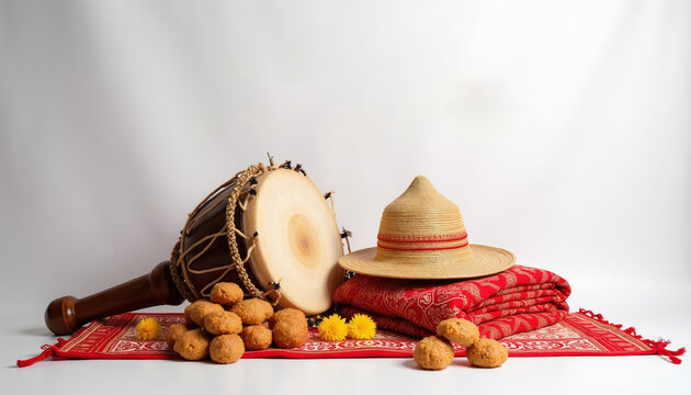 Bohag Bihu festival items including a dhol drum, traditional sweets, and a gamusa cloth with a woven hat. Festive celebration elements for Assamese culture.