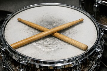 Obraz premium A close-up shot of a drum with two drumsticks lying on its surface
