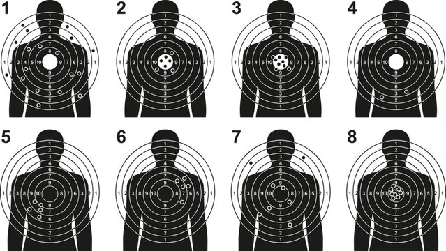 Black silhouette shooting target illustration set with concentric scoring rings, bullet hole patterns, and accuracy training visuals