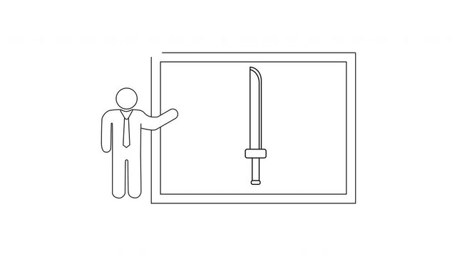 Man Standing Next to Large Sword in Frame.
