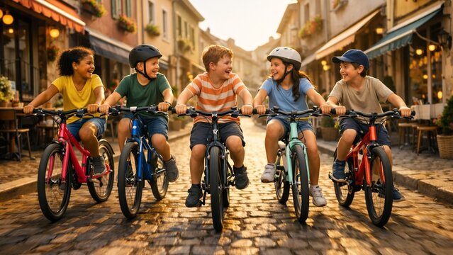 Group of Happy Kids Riding Bicycles Together on Cobblestone Street