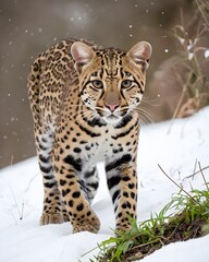 Fototapeta premium An oncilla, northern tiger cat genetic hybrid experiment fantasy animal, fictional species in a snow blanketed cliff meadow
