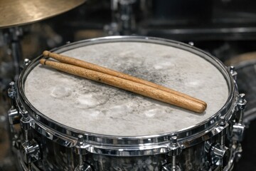 Obraz premium A close-up shot of a drum with a pair of drumsticks lying on top