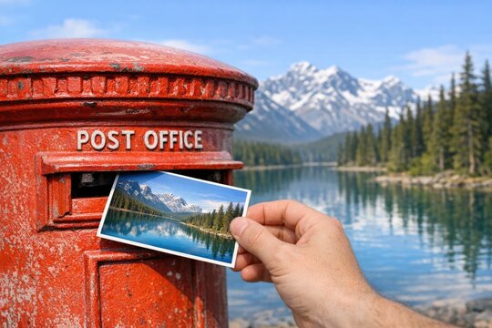 A person holds a post office box near a serene lake, perfect for a peaceful scene or outdoor setting