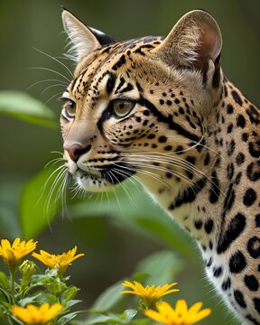 A  oncilla , northern tiger cat genetic hybrid experiment fantasy animal, fictional species in an  blooming field