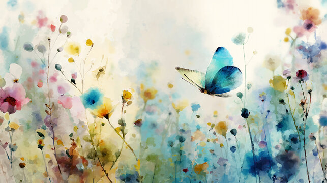 watercolor botanical butterfly and flowers texture template background. Design for wedding, vip cover, poster, rsvp moderncard.Valentine's Day	