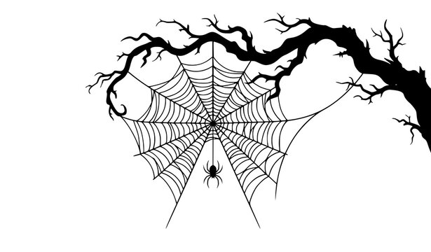 spiderweb, spider, halloween, spooky, creepy, branch, tree, web, silhouette, black, horror, gothic, scary, autumn, decoration, haunted, dark, eerie, vector, illustration, isolated, white, design, grap