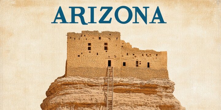 ancient architecture, precise historical-style illustration of cliff dwellings in arizona, with a festive font