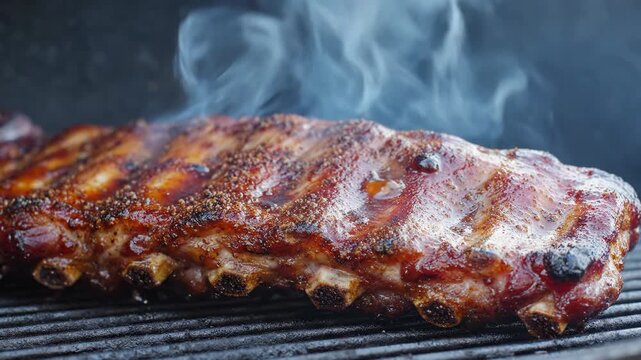 Juicy BBQ Pork Ribs Sizzling on a Hot Grill with Smoke.