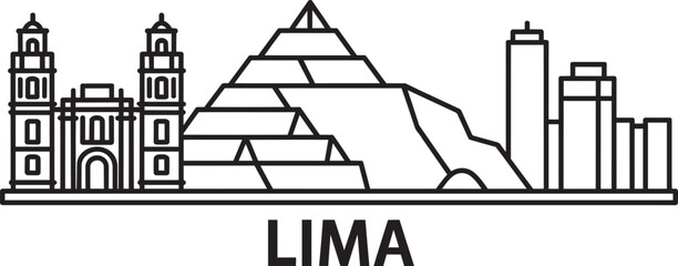 Naklejka premium Lima skyline with pyramid building and skyscrapers in outline style with modern building urban