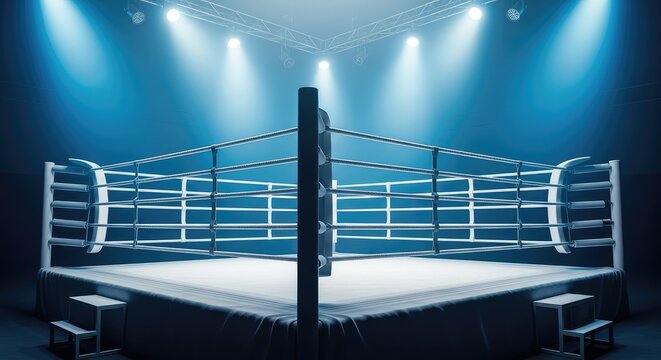An empty professional boxing ring stands under vibrant blue spotlights, featuring taut ropes and a canvas floor in a hazy, energetic arena, illumination, cold, turnbuckle