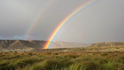 Naklejka premium Double rainbow arching over grassy dunes and rocky cliffs