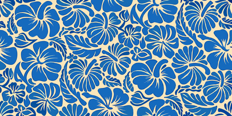 Blue floral pattern seamless repetition of stylized hibiscus flowers © Sourav