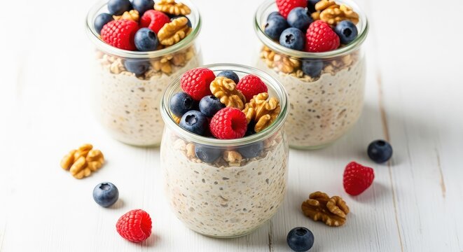 Creamy overnight oats in clear glass jars, topped with fresh blueberries, red raspberries, and crunchy walnuts on a bright wooden surface, vegetarian, jars, food