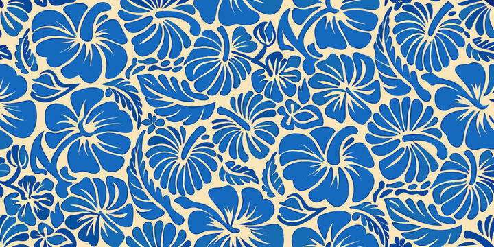 Blue floral pattern seamless repetition of stylized hibiscus flowers