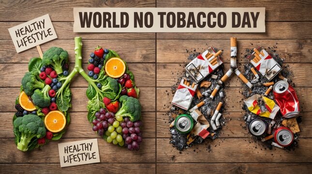 Lungs shaped from fresh vegetables and fruits on wooden table for no tobacco day concept