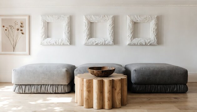 Minimalist living space with three large square ottomans in grey and light grey, a unique wooden coffee table with a carved base, and three