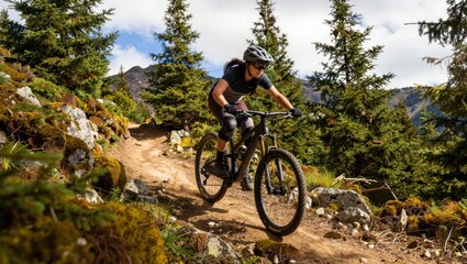 Naklejka premium Mountain biker riding downhill on forest trail with pine trees