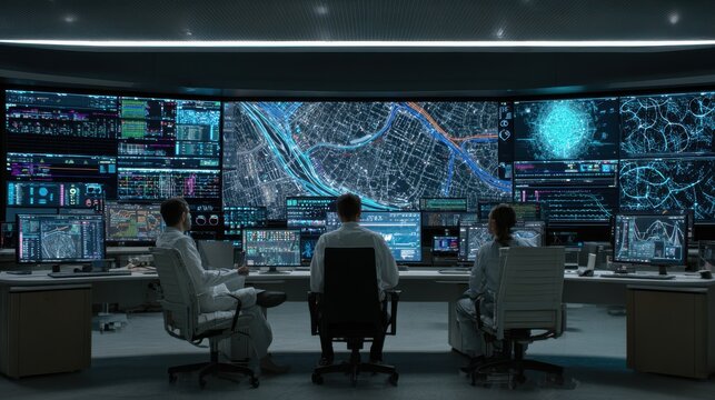 Advanced Cyber Security Operations Center With Multiple Monitoring Screens, Data Analysis Dashboard, Network Control Room, IT Team Working In High Tech Surveillance Command Center Environment