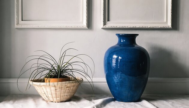 A tall, glossy, deep blue ceramic vase with a narrow neck sits next to a woven basket holding a spiky green plant, with two empty white ornate