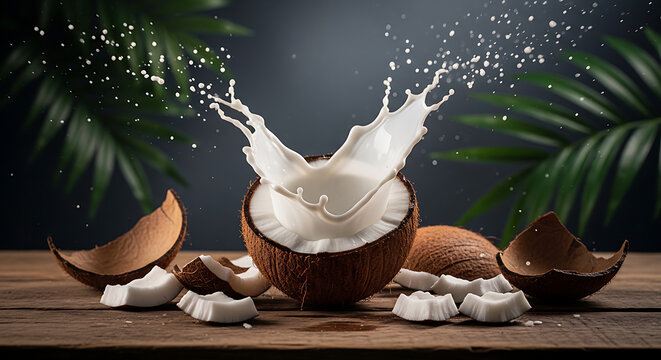Fresh coconut milk splashing out from a cracked coconut on a wooden table with tropical leaves background tropical beverage nutritious ingredient