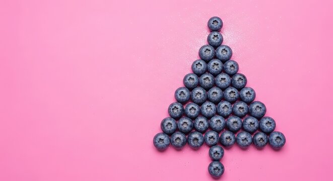 Fresh blue berries arranged in the shape of a Christmas tree with silver shimmer on a bright pink surface, showcasing a healthy festive style, berry, christmas tree, minimalist