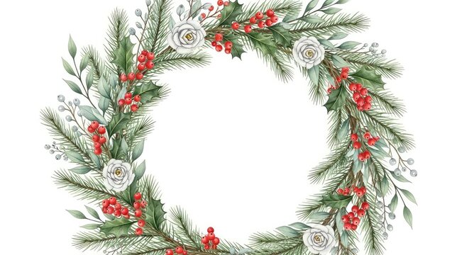 Handgezeichneter Weihnachtskranz im Aquarellstil mit roten Beeren, Tannenzweigen und floralen Elementen als skalierbare Vektorgrafik, Design, Illustration, Kranz