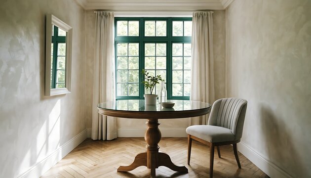 Dining room with round wooden table, upholstered chair, and green mullioned window, bathed in natural light.keywords: dining room, interior