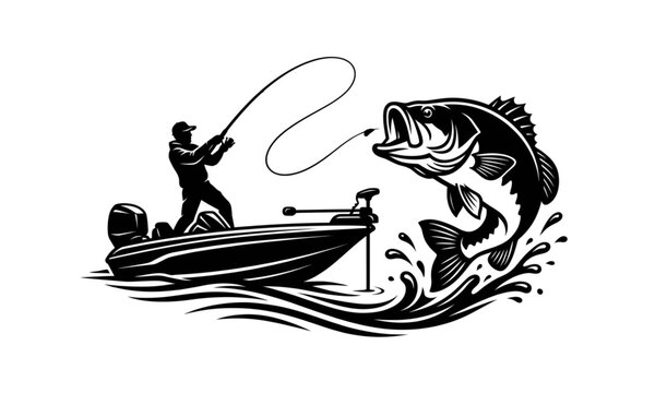 Bass fishing silhouette vector with fisherman boat and jumping fish clipart