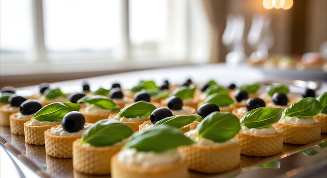 Elegant catering presentation of appetizers with olives and basil on a tray for an upscale event