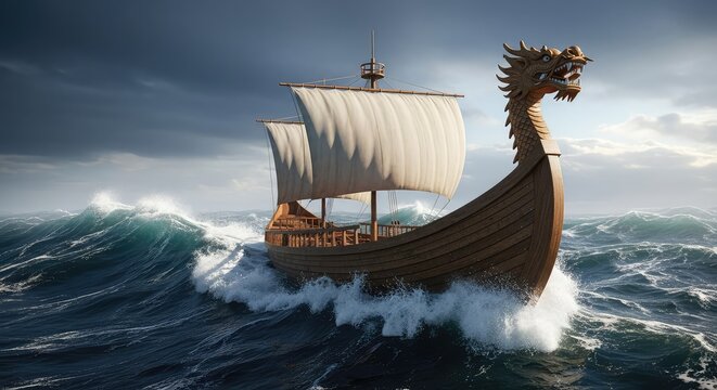Majestic wooden vessel with a carved dragon prow navigates through vast dark waves under a cloudy sky evoking ancient seafaring and travel, water, blue, dragon
