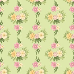 Obraz premium Floral pattern illustration featuring pink and yellow flowers with green leaves on a light green background, suitable for fabric or wallpaper design