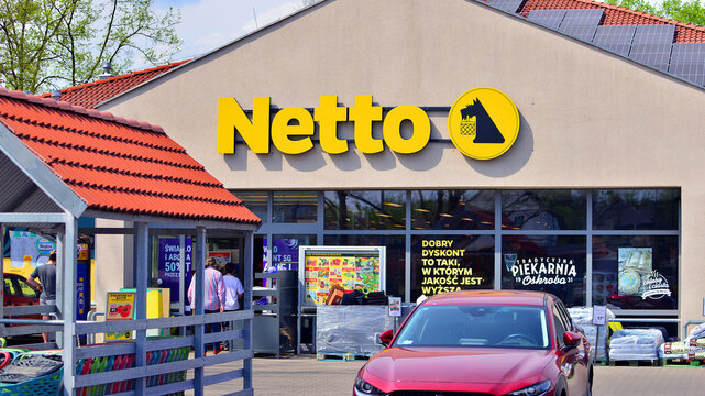 Warsaw, Poland. 5 May 2026. Outside supermarket Netto. Signboard "Netto"