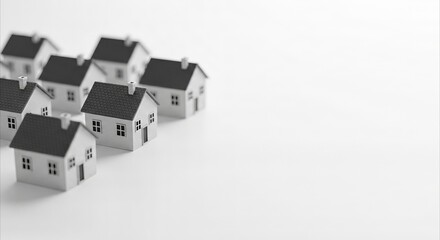 Naklejka premium Cluster of identical miniature houses on a clean white surface, representing real estate investment and market trends