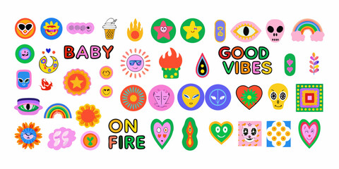 Colorful sticker collection with diverse illustrations and typography on white background © Sourav